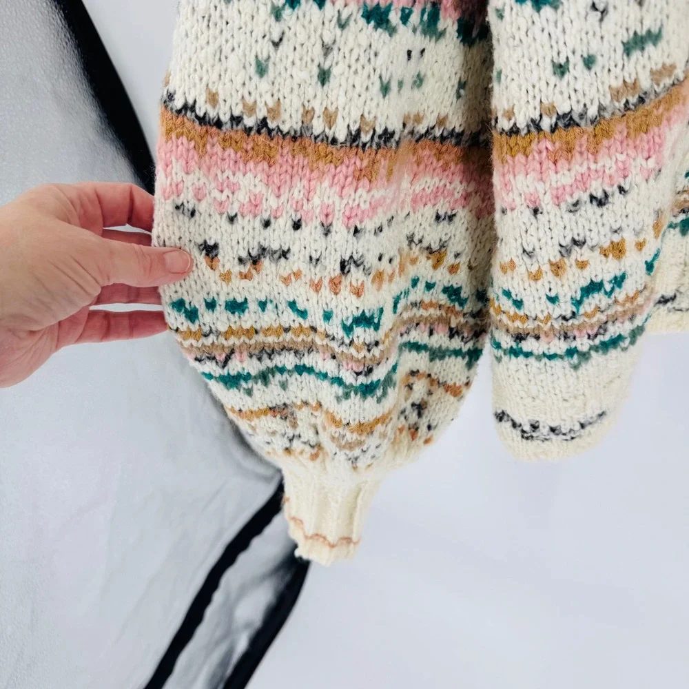 Pilcro Anthropologie Chunky Knit Fair Isle‎ Turtleneck Cream Size L Cozy Cottage